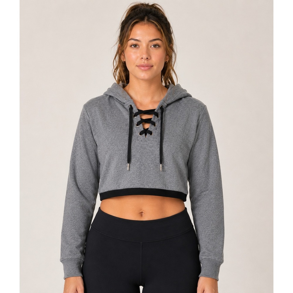 NWOT Gold's Gym Women M Gray Cropped Hoodie Lace Up Logo Band Sweatshirt